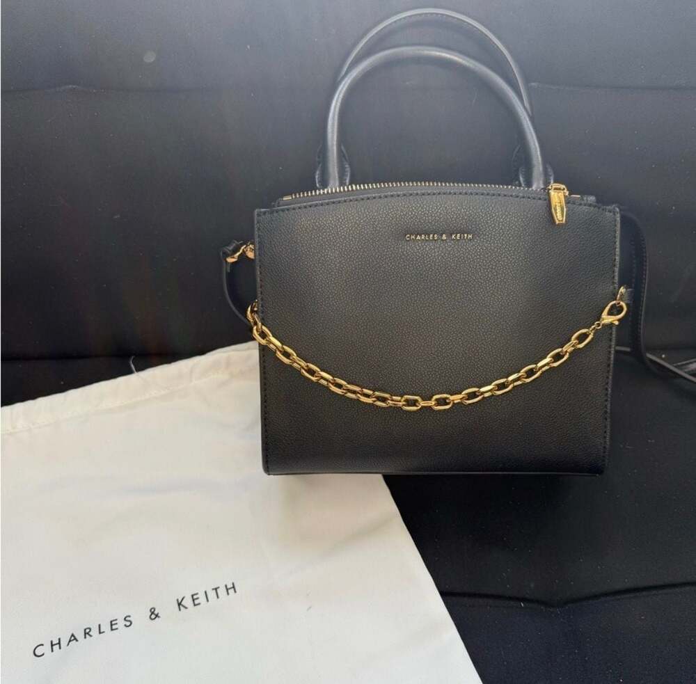 Charles & Keith Black Chain Detailed Top Handle Tote Bag
